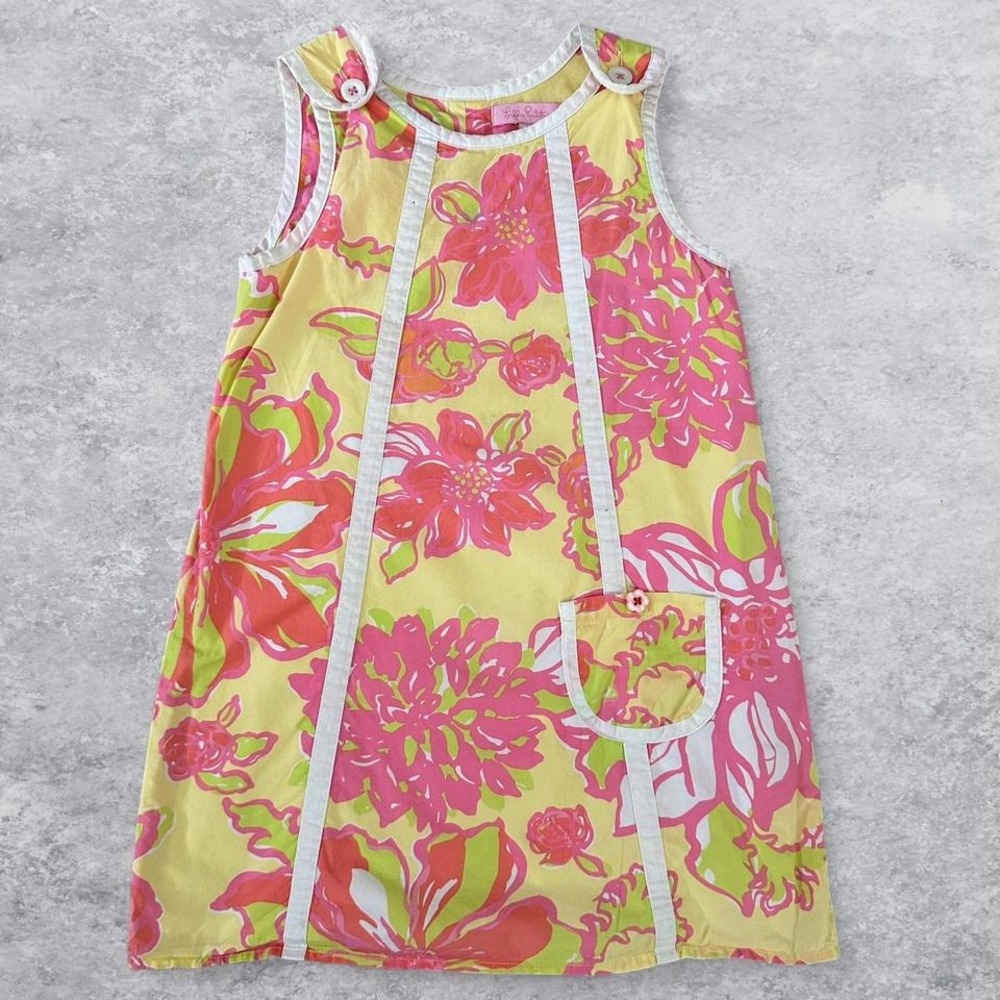 Lilly Pulitzer Girls Yellow Pink Floral Shift Dress Size 5 Sleeveless Cotton